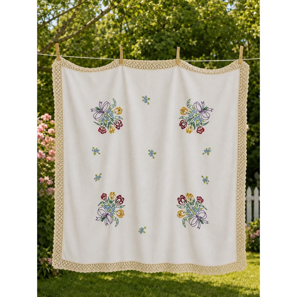 Vintage Hand Embroidered Floral Tablecloth Crochet Lace Trim Square Off White
